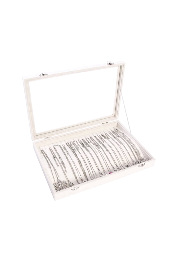 20 Hooks Necklace Holder Organizer Display Case Box,Jewelry Storage Tray with Glass Lid for Women(Beige)