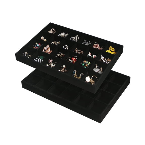 Coward 2PC Black Velvet Stackable 24 Gird Jewelry Organizer Tray Necklace Earring Box Storage Drawer Ring Earring Display Holder (24grid+24grid)