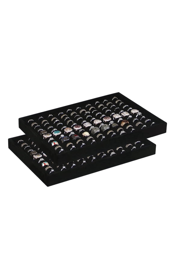 2Pcs/Set Black Velvet Stackable Ring Organizer Tray, Velvet Ring Earring Stud Jewelry Display Holder Tray for Store Selling or Home Show Storage (ring+ring)
