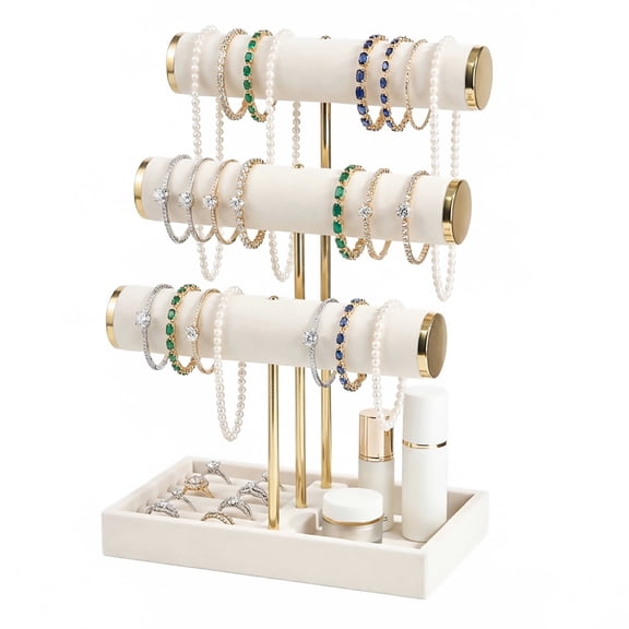 Coward Bracelet Holder, 3 Tier Bracelet Display Holder, Detachable Velvet Jewelry Holder Organizer for Necklace, Watches, Bangle, Scrunchie (Beige)