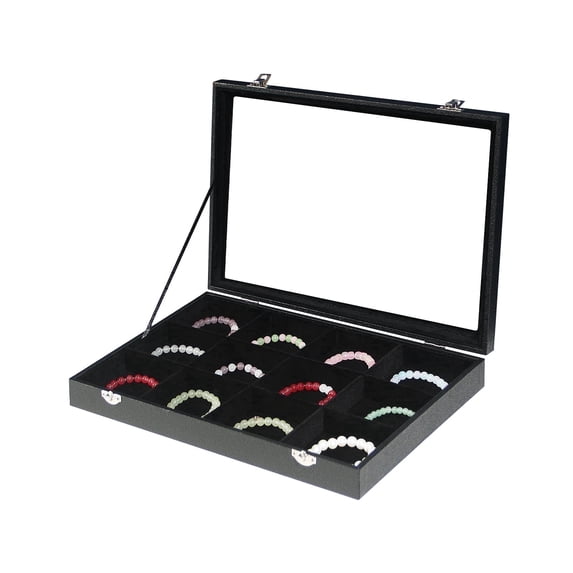 Coward Jewelry Organizer Box, Black Velvet 12 Grids Bracelet Bangle Necklace Jewelry Display Tray Case with Transparent Glass Lid for Home Drawer Desk or Store Selling Show