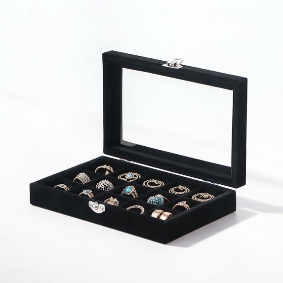Coward Jewelry Organizer Display Case,Black Jewelry Storage Tray Boxes for Multiple Rings,earrings,cufflinks,Glass Lid,Stackable(15 Grids)