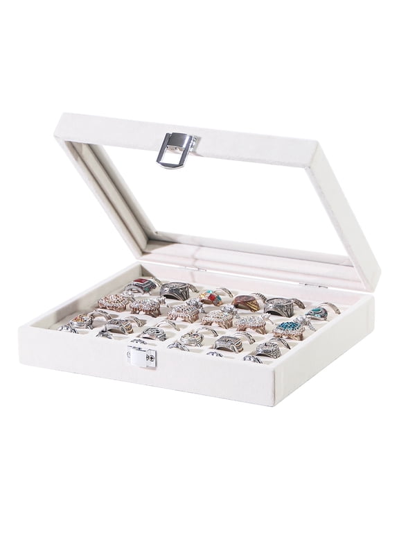 Beige Velvet Coward Ring Display Case, 42 Slots Jewelry Holder with Glass Lid Cufflinks Organizer