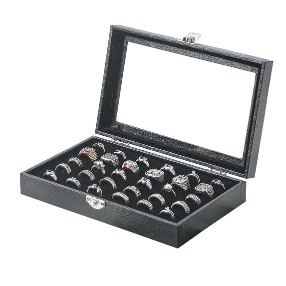 Coward Ring Organizer Display Case,Black Jewelry Storage Tray Boxes for Multiple Rings,Glass Lid,Stackable(30 Slots)