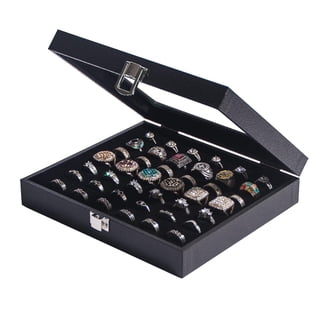 Coward Ring Organizer Display Case, Black Jewelry Storage Tray Boxes for Multiple Rings, Glass Lid, Stackable.