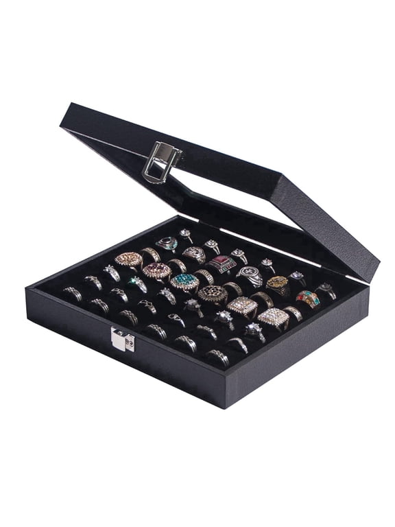 Ring Display Case, Cufflinks Organizer Box with Transparent Lid, 42 Slots Ring Storage Display Jewelry Holder Black Velvet
