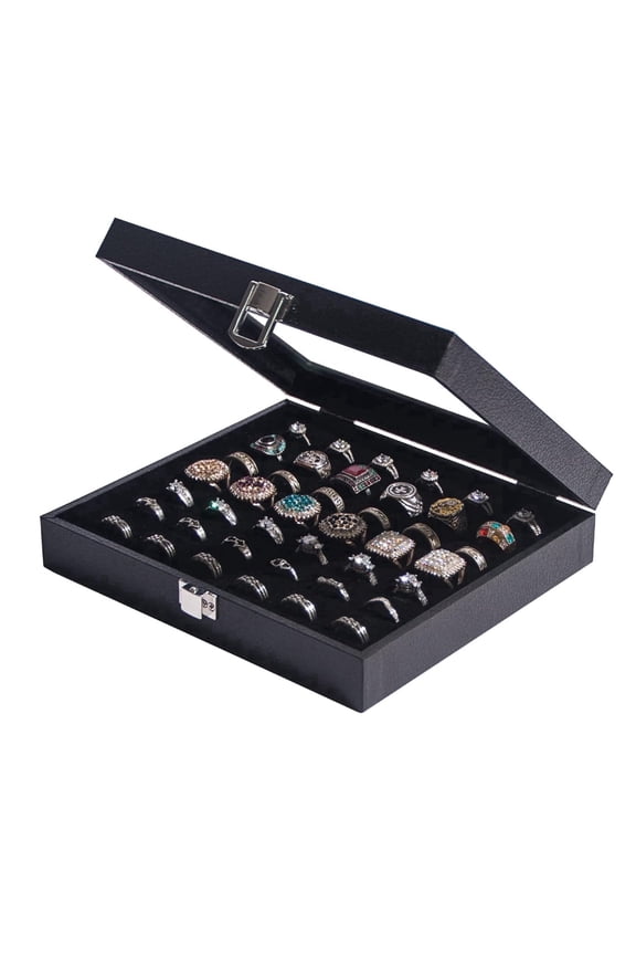 Ring Display Case, Cufflinks Organizer Box with Transparent Lid, 42 Slots Ring Storage Display Jewelry Holder Black Velvet
