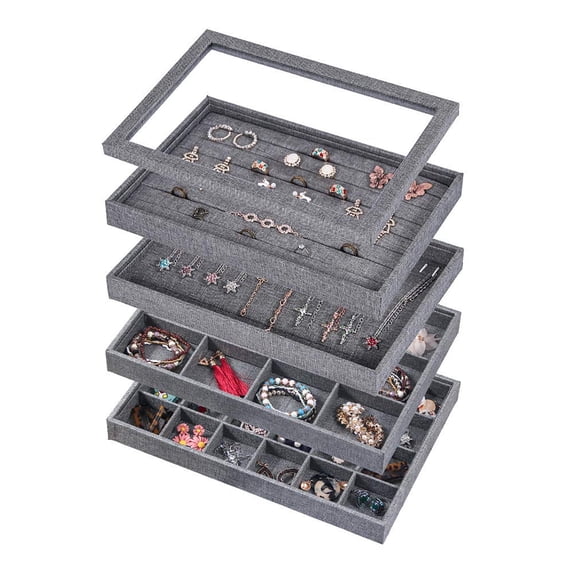 Coward Set of 5 Stackable Jewelry Organizer Tray Necklace Earring Box Storage, Grey Linen Ring Bracelet Display Holder for Women Girls (ring+necklace+12girds+24girds+Lid)