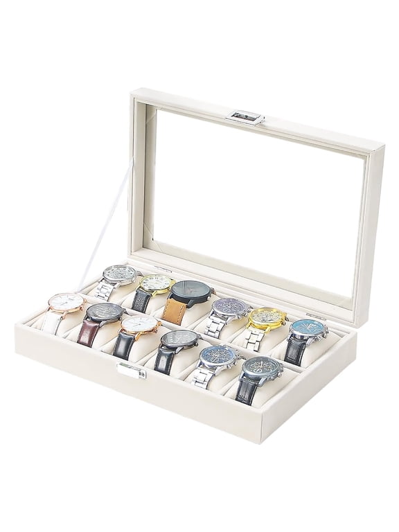 Watch Case, 12 Slot Velvet Watch Box for MeWatch Display Case with Framed Glass Lid, Watch Holder, Watch Storage Holder Organizer for Women