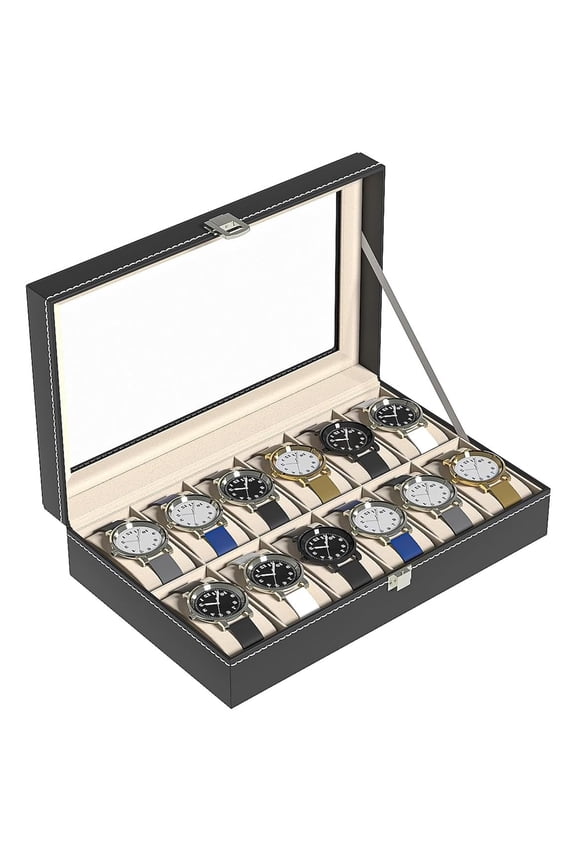 Watch Case, Watch Organizer for Men, 12 Slot PU Leather Watch Box, Watch Holder, Portable Watch Display Case with Glass Window