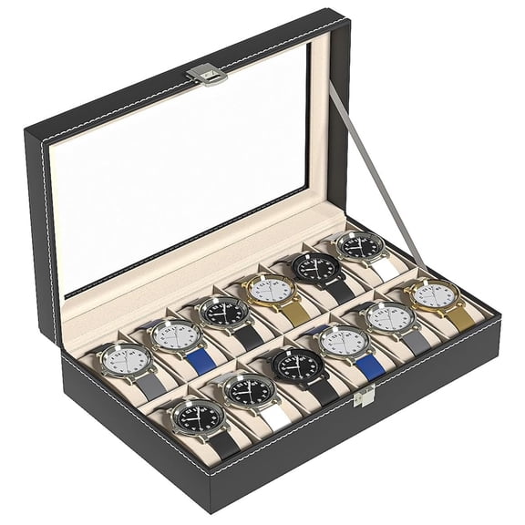Coward Watch Case, Watch Organizer for Men, 12 Slot PU Leather Watch Box, Watch Holder, Portable Watch Display Case with Glass Window