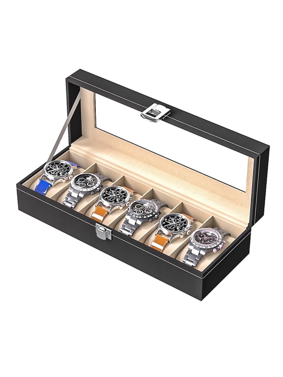 Watch Case, Watch Organizer for Men, 6 Slot PU Leather Watch Box, Watch Holder, Portable Watch Display Case with Glass Window