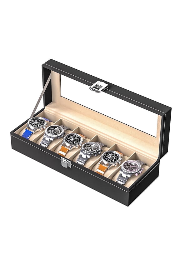 Watch Case, Watch Organizer for Men, 6 Slot PU Leather Watch Box, Watch Holder, Portable Watch Display Case with Glass Window