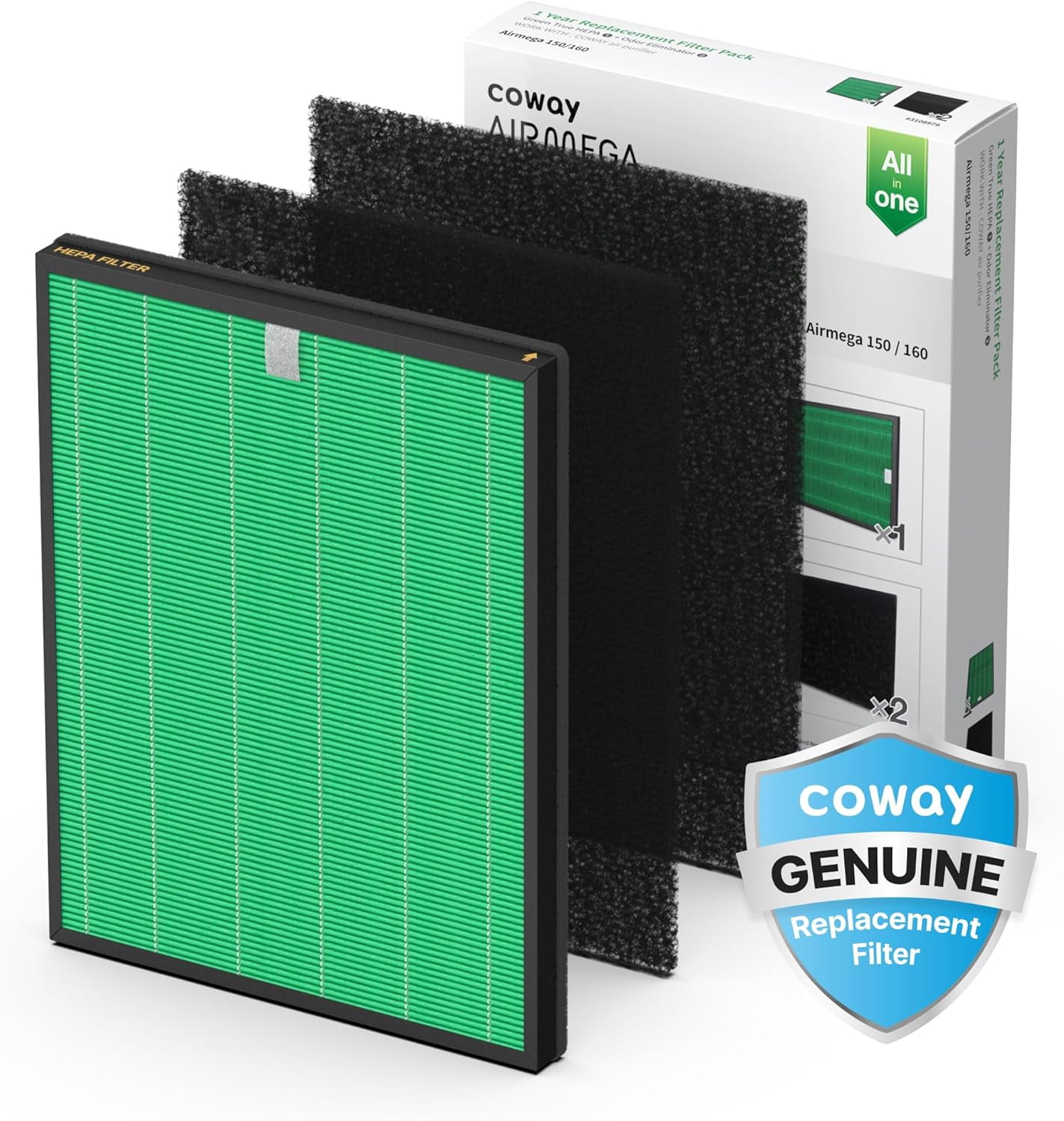 Coway Airmega 150 Air Purifier Replacement Filter Set, Green True HEPA and Active Carbon Filter, AP-1019C-FP