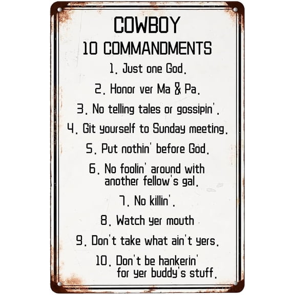 Cowboy 10 Commandments Vintage Metal Sign Git Yourself To Sunday Meeting Motivational Quotes Creative Tin Signs for Bar Kitchen Pub Man Cave Home Gift Wall Decor 8x12 inch