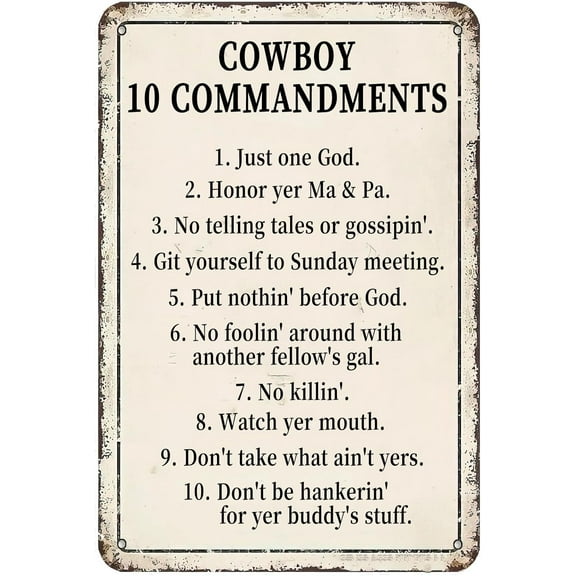 Cowboy 10 Commandments Vintage Metal Sign,Just One God Inspirational Wall Art Retro Tin Poster Plaque Signs for Home Farmhouse Bar Cafe Pub Garage Man Cave Decor 12 x 8 Inch