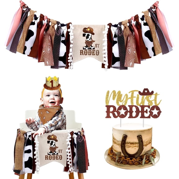 Cowboy 1st Birthday Decorations Brown, My First Rodeo High Chair Banner Cake Topper with Birthday Crown Hat, My First Rodeo Birthday Western Themed 1st Birthday Party Supplies for Baby Boy