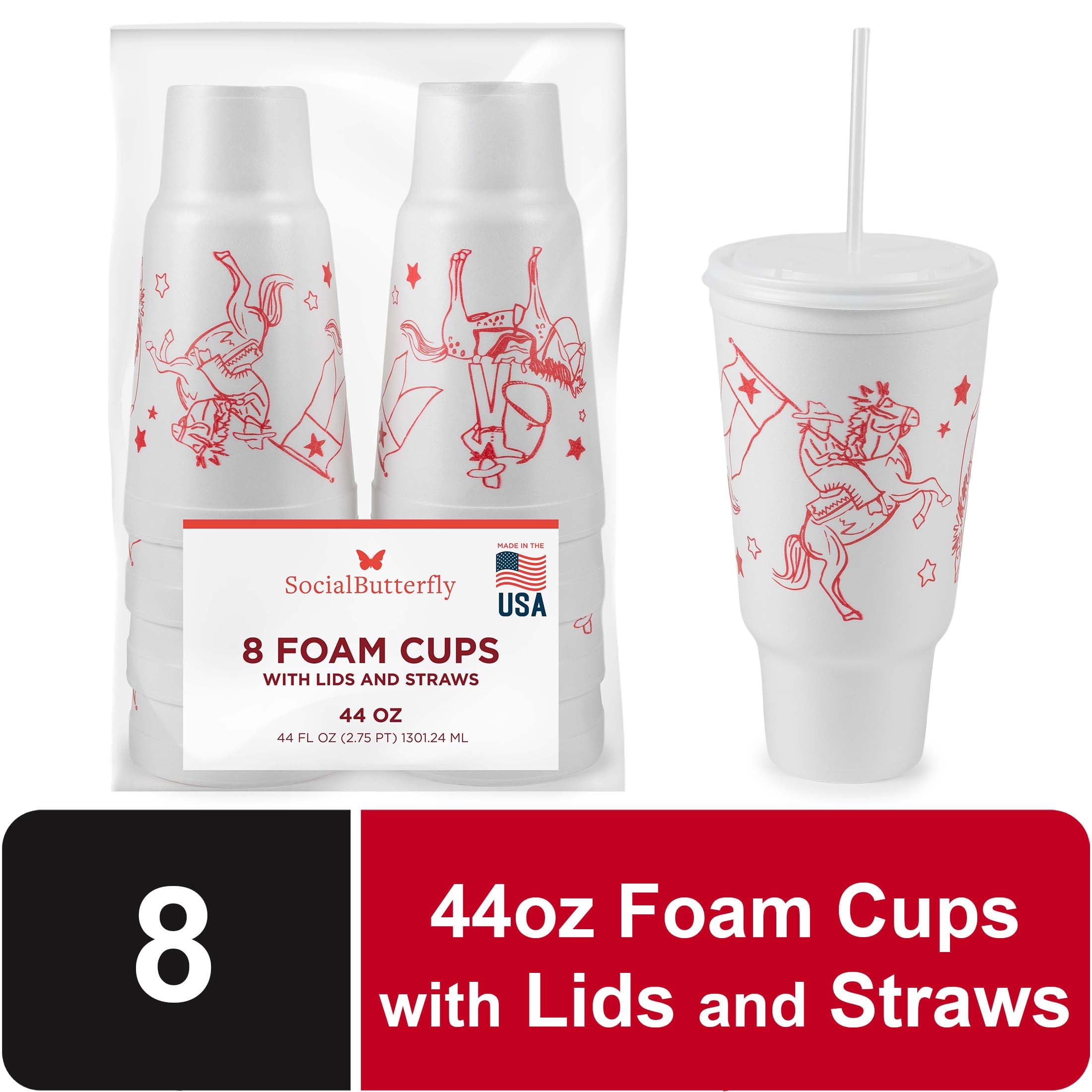 Social Butterfly Disposable Foam Cups with Lids and Straws, 44 oz, Cowboy Design, 8 Count