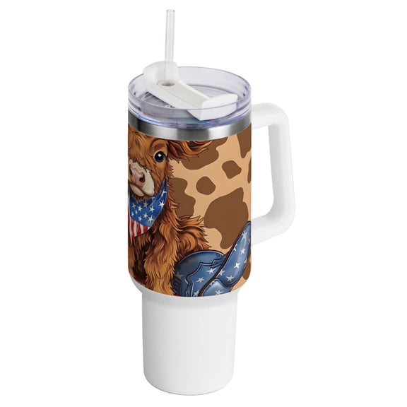 Cowboy American Flag Cow 40 oz Tumbler with Handle Insulated&nbsp;Travel Mug&nbsp;Lid Straw Leak Proof Steel Vacuum Water Bottles Glasses Fits in Car Cup Holder
