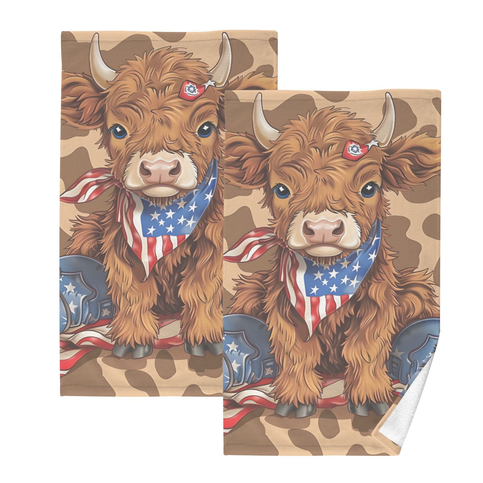 Cowboy American Flag Cow Hand Towels Cotton Bath Towels Large Face Towels Absorbent for Bathroom 2 Packs