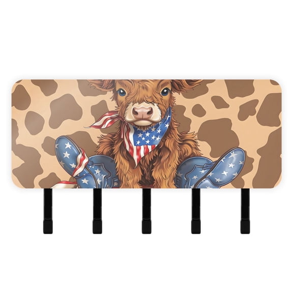 Cowboy American Flag Cow Key Holder for Wall Mail Holder Organizer with 5 Key Hooks Wall Mount Key Rack with Shelf