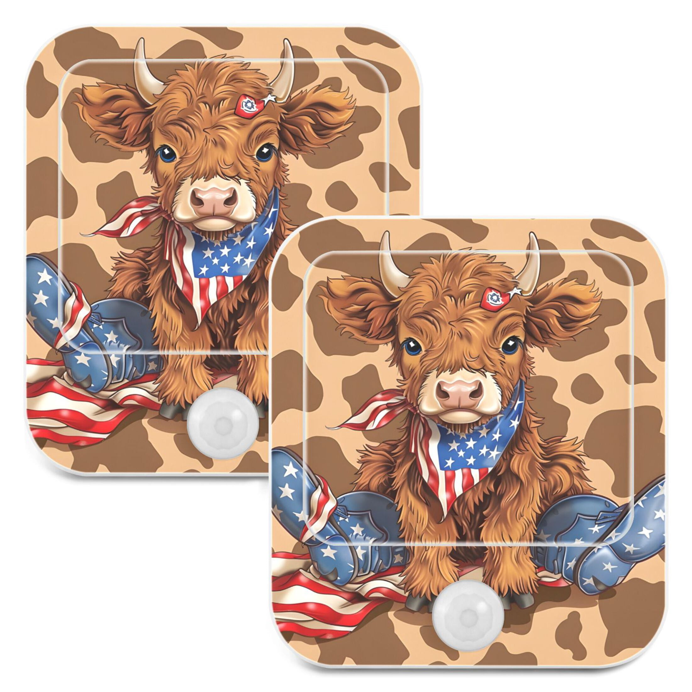 Cowboy American Flag Cow Night Lights Plug into Wall LED with Auto Light Sensor Warm Light for Kids Hallway Bedroom Living Room Kitchen Bathroom Set of 2