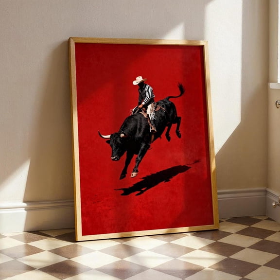 Cowboy And Bull Wall Art Print, Dramatic Western Rodeo Poster, Modern Red Art Painting Unframed Paper Print