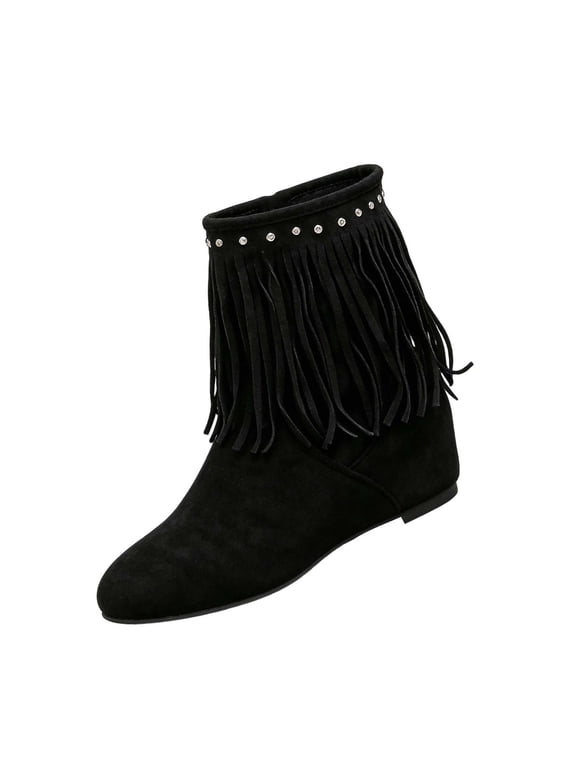 Cowboy Ankle Boots for Women Boho Suede Ankle Western Cowgirl Boots Round Toe Short Fringe Tassel Pull On Shoes Classic Booties
