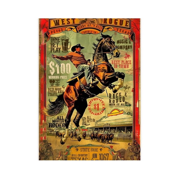 Cowboy Art Print West Rogue Rodeo Poster Texas State Fair 1967 Wall Art Style Rodeo Wall Decor Decor For Living Room Bedroom