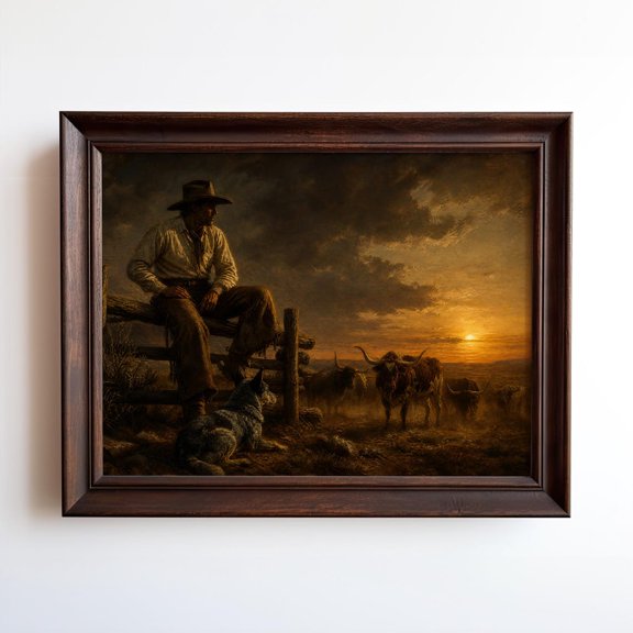 Cowboy At Sunset Art Western Ranch Longhorn Cattle Wall Art Farmhouse Decor, Unframed Paper Print