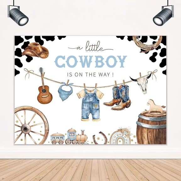 Cowboy Baby Shower Backdrop for A Little Cowboy is on The Way Western Wild West Hat Boots Black White Cow Skin Photography Background Decorations Photo Booth Studio Prop