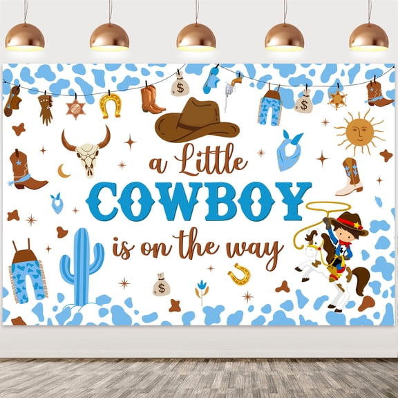 Cowboy Baby Shower Background, Wild West Theme, Little Cowboy On The Road, Blue Birthday Party Decoration Photography Background Photo Booth Studio Props