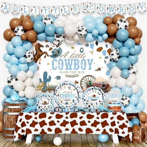Cowboy Baby Shower Decorations, 256 PCs Western Baby Shower Party Supplies with A Little Cowboy On The Way Backdrop, Balloon Garland, Cake Topper, Tableware Set - Plates, Napkins, Forks