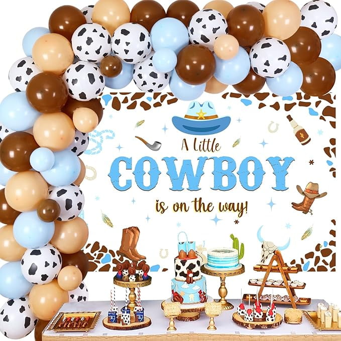 Cowboy Baby Shower Decorations for Boy, A Little Cowboy is on the Way Backdrop, Western Theme Baby Shower Decorations Blue Balloon Garland Arch Kit for Wild West Baby Shower