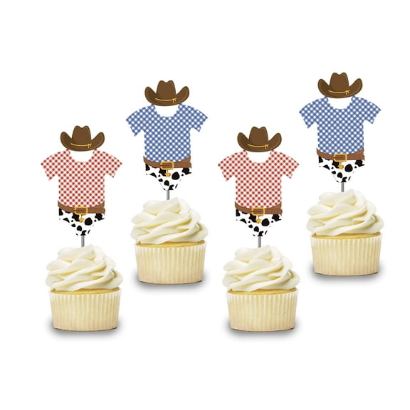 Cowboy Baby shower Cupcake Toppers, 12 count, Onesie Cake Pick , Western Baby Shower, Birthday Party Decorations Supplies, Rodeo Themed, Little Cowboy