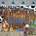 thumbnail image 1 of Cowboy Backdrop Rustic Wooden Cowboy Happy Birthday Photography Backdrop Old West Rodeo Cowboy Party Decorations Black Whiter Cow Print Blue Banner Photo Background, 1 of 4