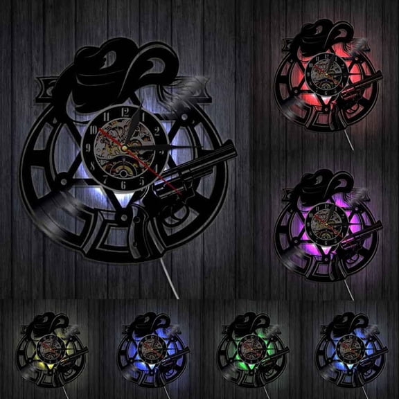 Cowboy Bandit Revolver Pistols Weapons Hat Western Home Decor Wall Clock Outlaw Cowboy Hat and Revolver Vinyl Record Wall Clock With LED