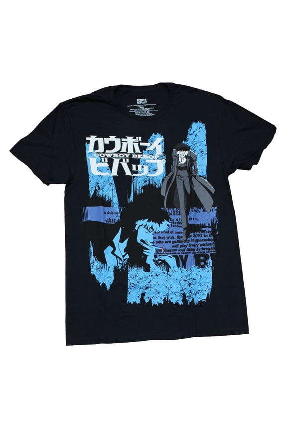 Cowboy Bebop Mens T-Shirt - Blue Tinted Spike Collage Kanji Logo (Small)