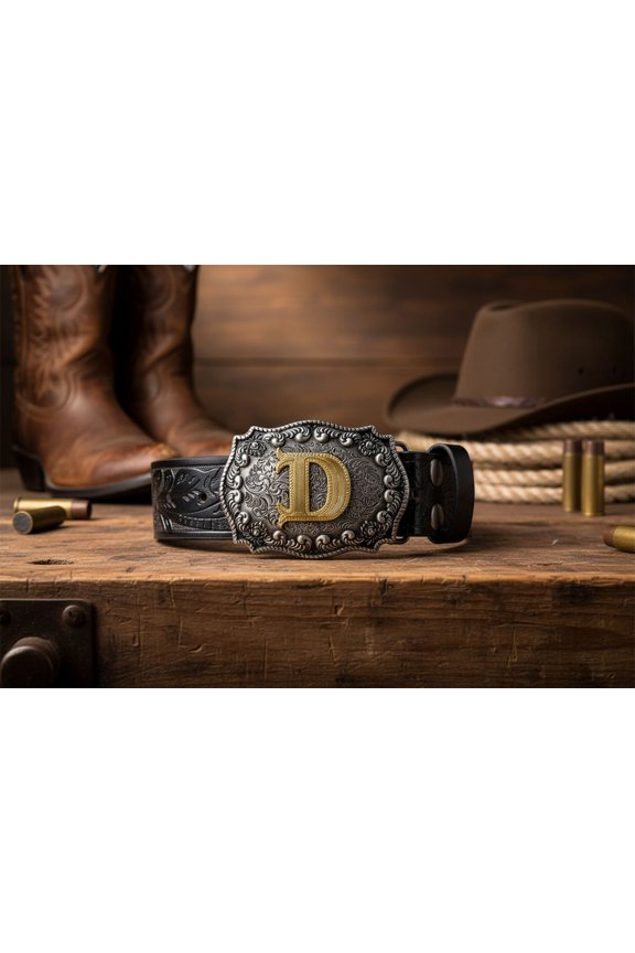 Cowboy Belt for Men Women Western Belt Initial Letter A to Z Buckle with Engraved Cowboy Leather Belt Fit Waist Size 34"-38",D