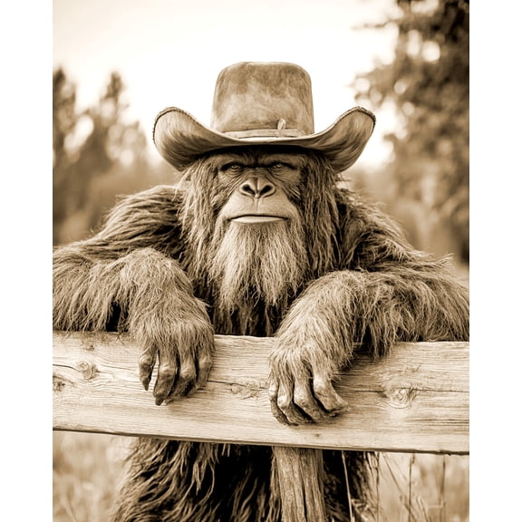 Cowboy Bigfoot Hanging Out - Bigfoot Art Prints 8x10 Artwork in 11x14 Mat