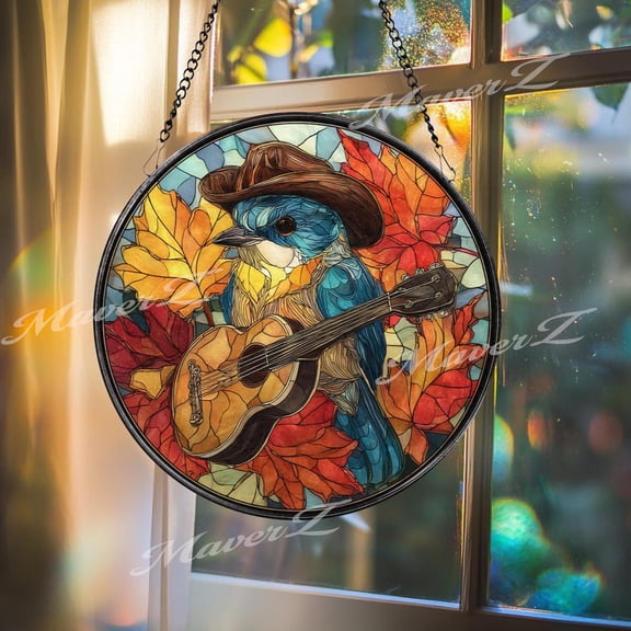 Cowboy Bird Glass Suncatcher, Round Autumn Leaves Window Panel, Guitar Country Western Art, 6.3 in