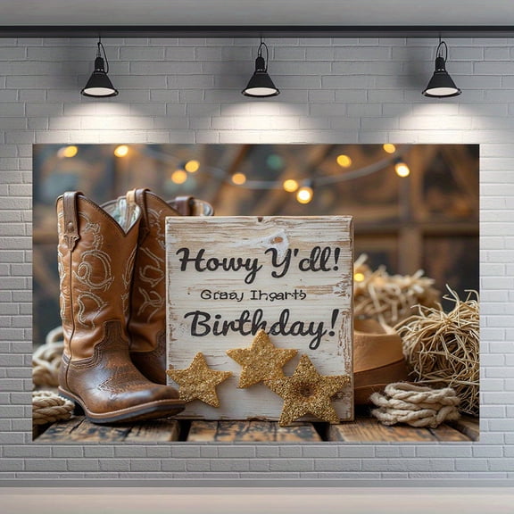 Cowboy Birthday Backdrop Rustic Wooden Howdy Y'all Birthday Photography Background Golden Stars Happy Birthday Party Decorations Banner Supplies Photo Booth Props