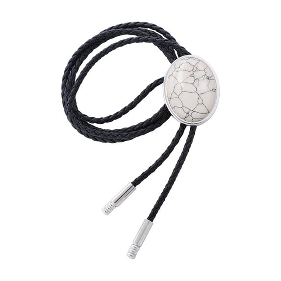 Cowboy Bolo Tie Western Necktie PU Leather Cord Adjustable Pendant Oval Costume White