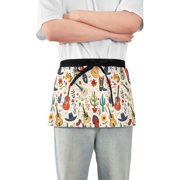 Cowboy Boot Hat Guitar Flower Server Apron with 3 Pockets Waterproof Waitress Waist Short Apron for Man Woman 12 Inches