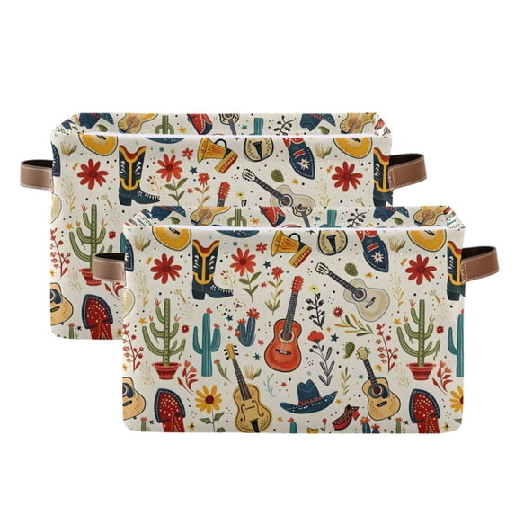 Cowboy Boot Hat Guitar Flower Storage Bins with Handle Fabric Organizer Basket Foldable Box 2 Pack 14.2x10.2x8.3