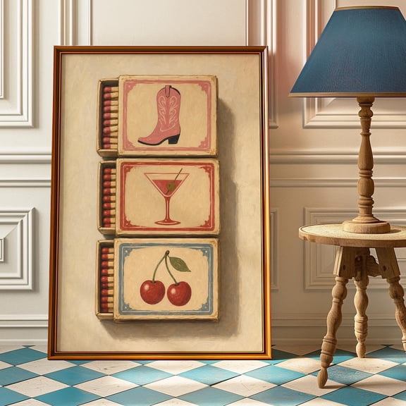 Cowboy Boot Martini Cherry Matchbox Bar Cart Poster Unframed Paper Print
