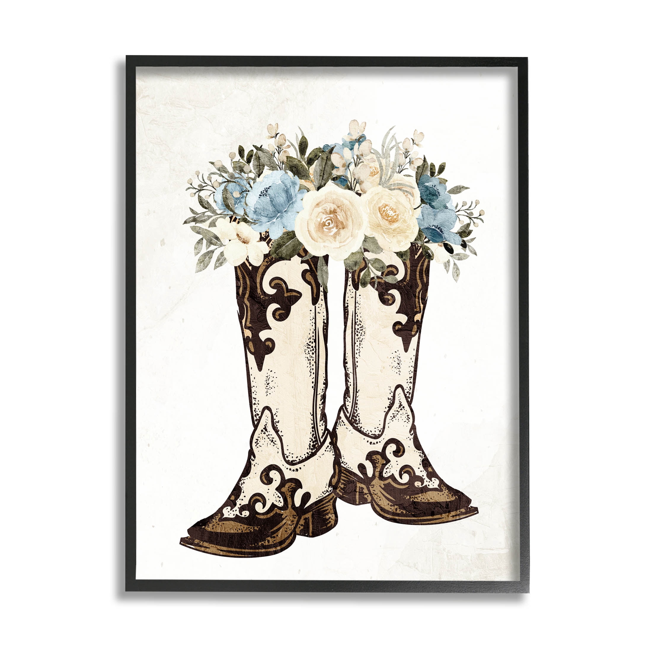 Cowboy Boot Mixed Flower Bouquet Botanical & Floral Graphic Art Black Framed Art Print Wall Art