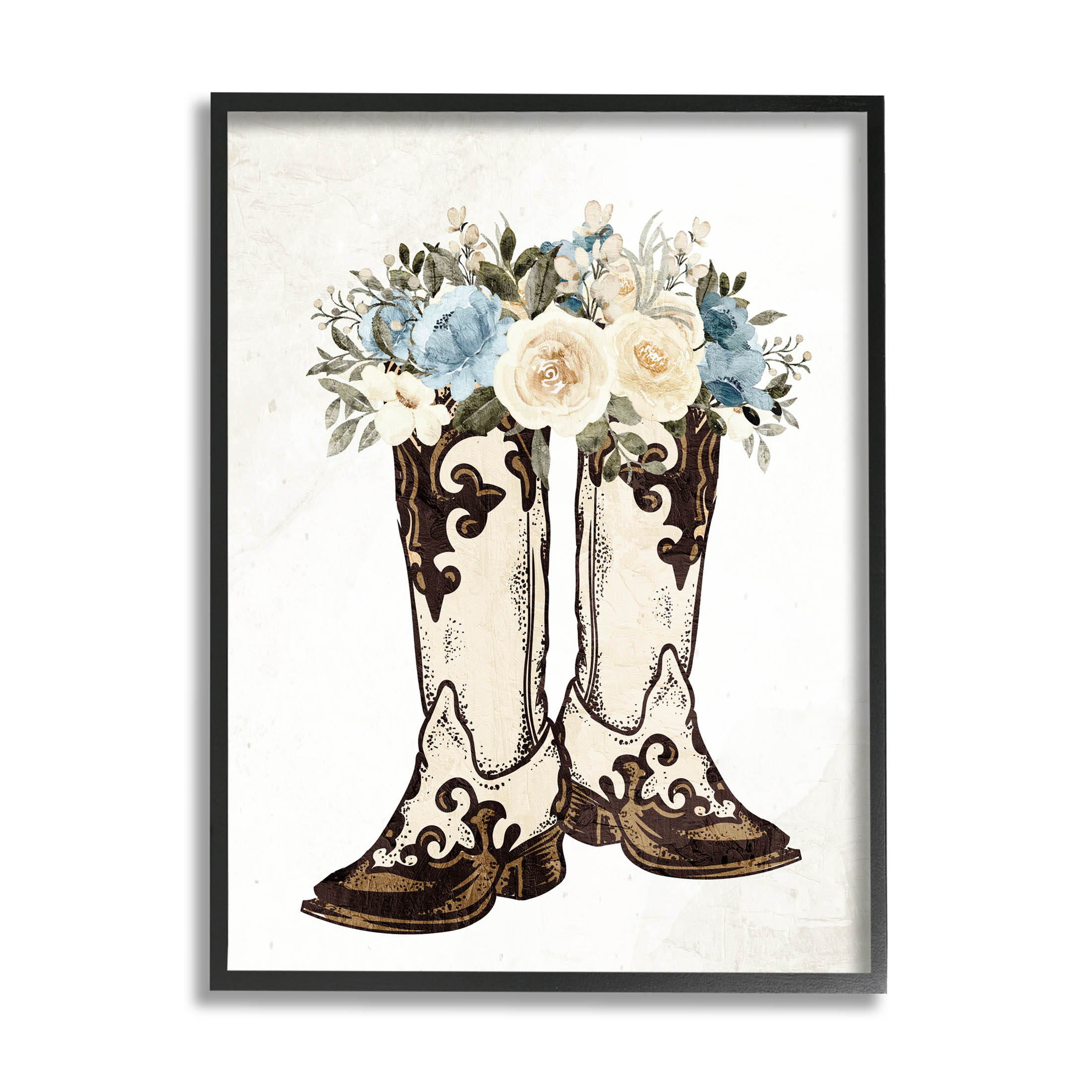 Cowboy Boot Mixed Flower Bouquet Botanical & Floral Graphic Art Black Framed Art Print Wall Art