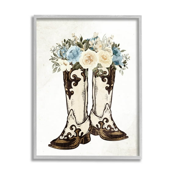 Cowboy Boot Mixed Flower Bouquet Botanical & Floral Graphic Art Gray Framed Art Print Wall Art