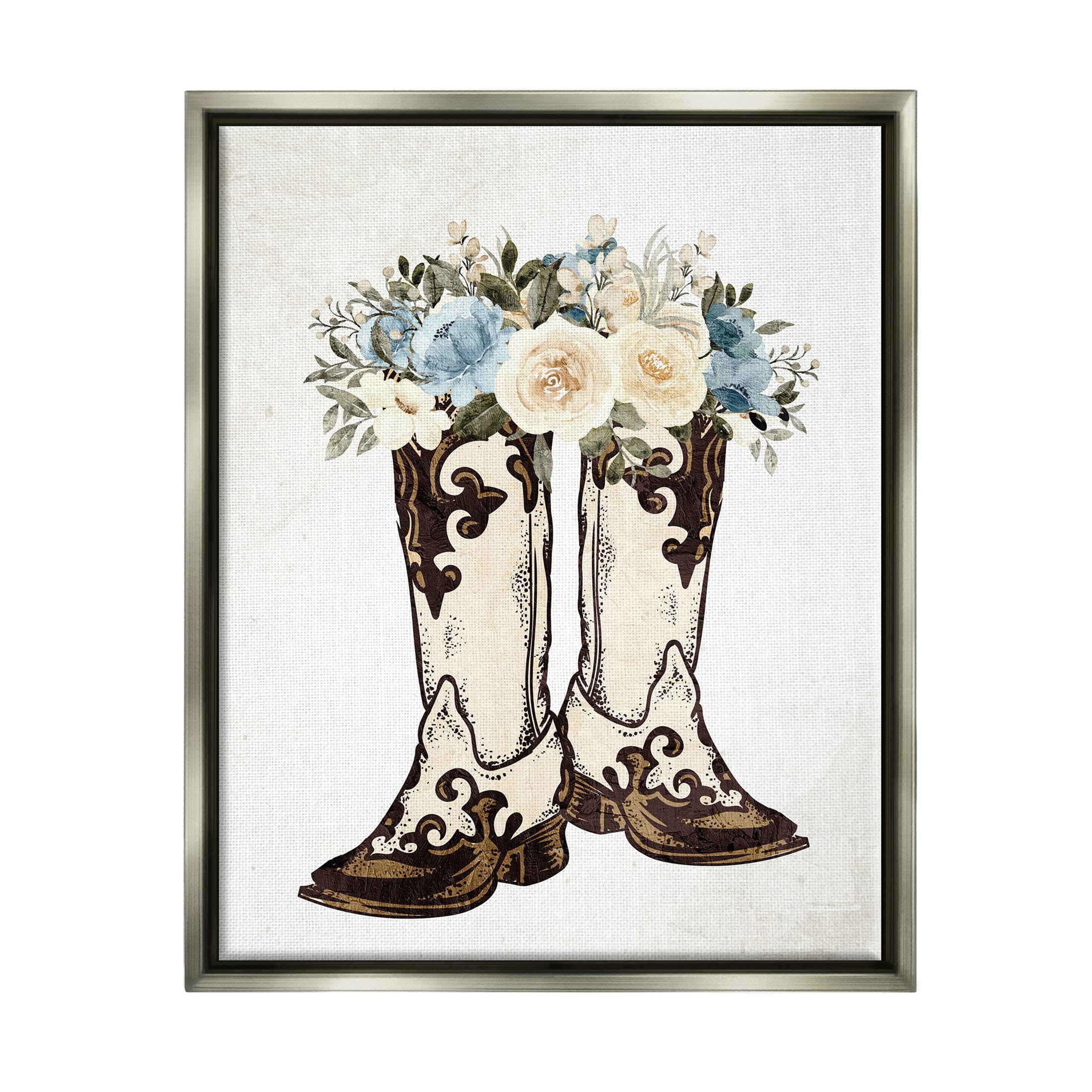 Cowboy Boot Mixed Flower Bouquet Botanical & Floral Graphic Art Luster Gray Framed Art Print Wall Art